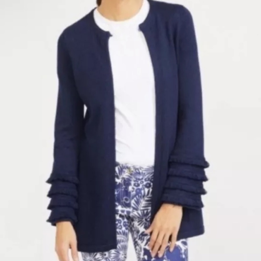 J.McLaughlin Cotton Blend Sweater
Cardigan Fringe Sleeves Navy Blue size medium
